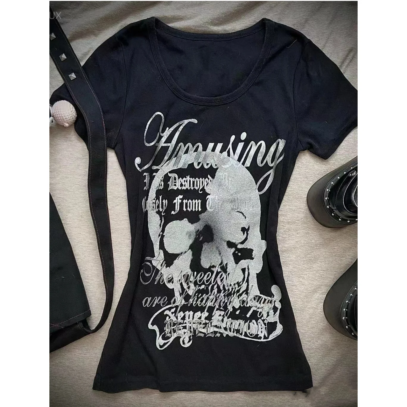 Street Fashion Shibuya - Vintage Shibuya Hottie Skull Letter Printing