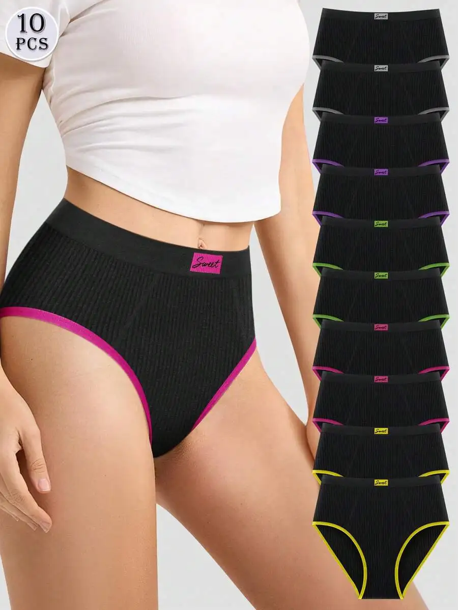 

10pcs Women Seamless High Rise Panties With Contrast Color Trim Comfortable Cotton Blend