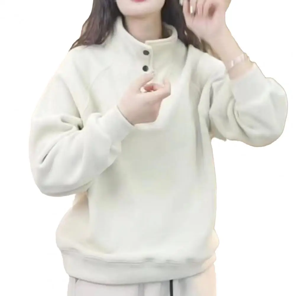 เสื้อสเวตเชิ้ตผู้หญิง เสื้อสเวตเชิ้ตผ้าฟลีซสำหรับผู้หญิงที่ให้ความสบายพร้อมดีเทลติดกระดุม เสื้อสวมหัวคอตั้งลำลองสำหรับฤดูใบไม้ร่วงฤดูหนาวสำหรับอากาศหนาว