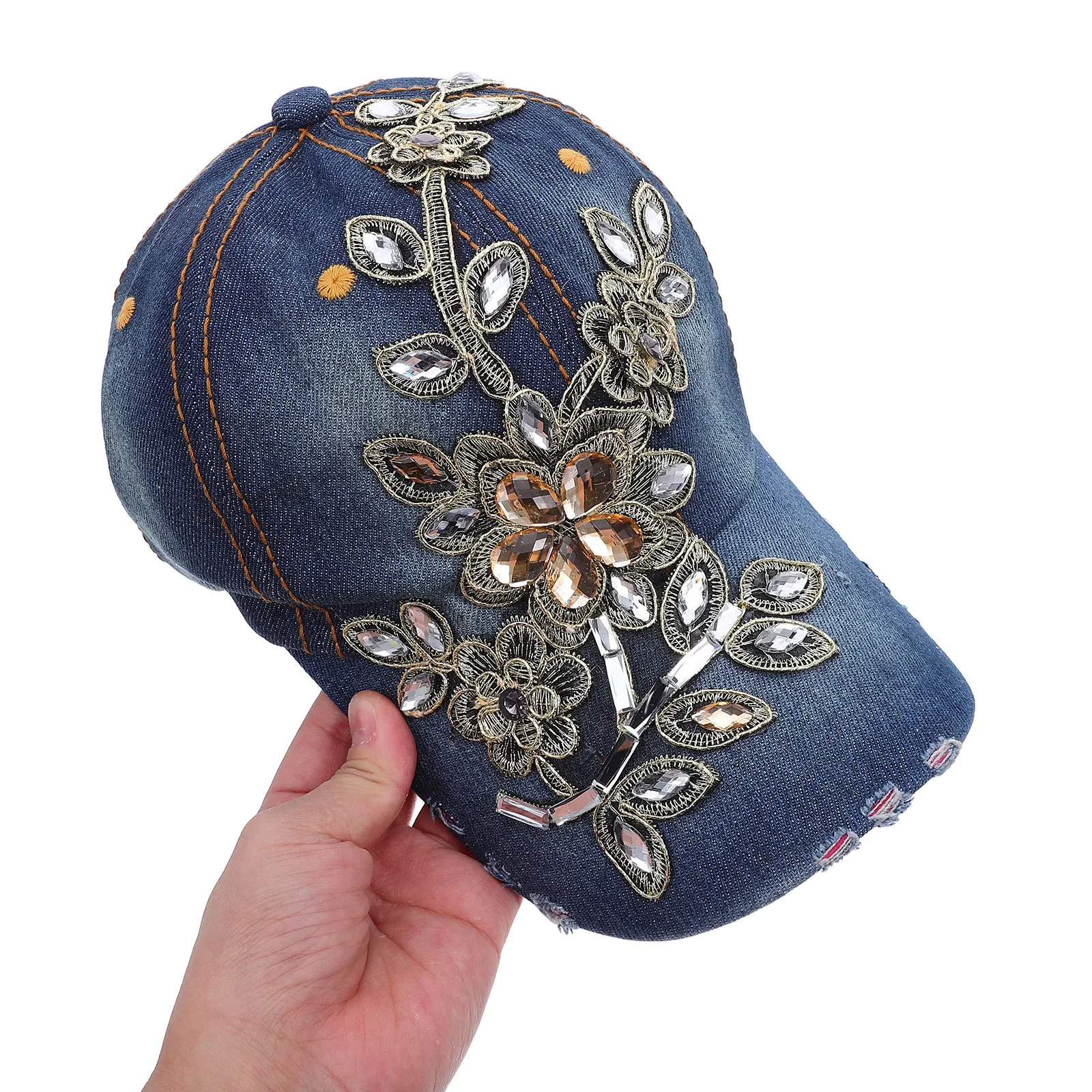 

Women Baseball Cap Bling Denim Hat Rhinestone Design Lightweight Adjustable Sun Protection Fashion Accessory for Outdoor