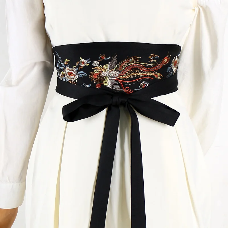 Retro Embroidered Hanfu Belt Women's Cosplay Dress Waistband Japanese Obi Black Kimono Corset Waist Belt Decorative Accessories