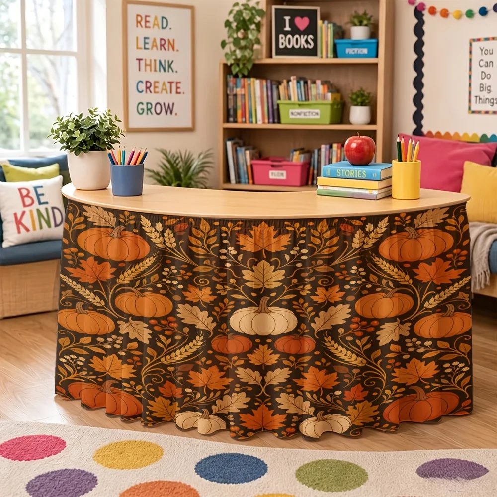 Halloween, Christmas, back-to-school season, party table skirts, items with prints such as pumpkin, maple leaf, and wheat.zyc