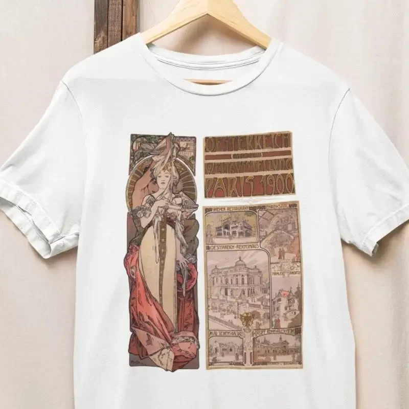 Vintage French Art Nouveau Design Organic Cotton T Shirt with Alphonse Mu