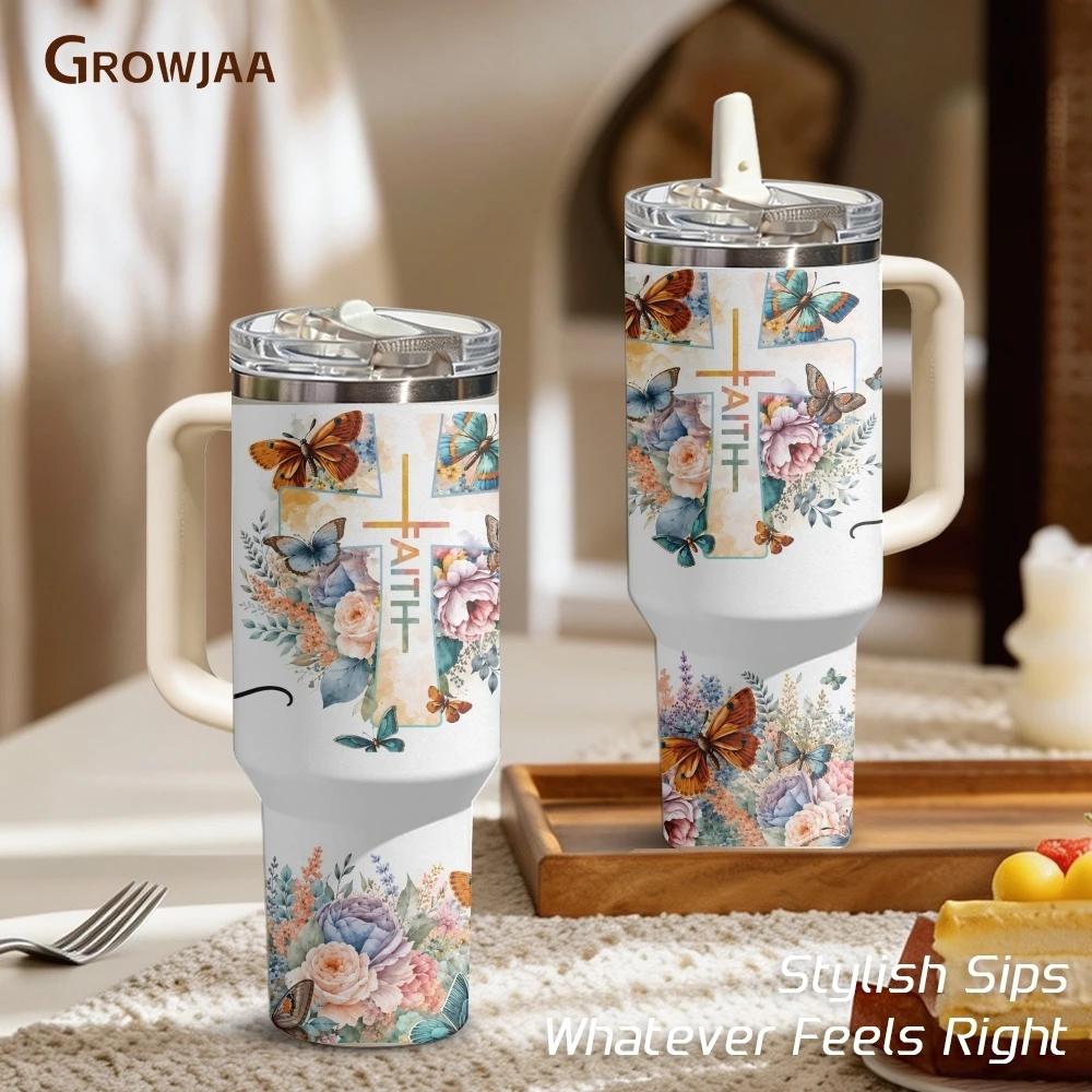 Colorful Faith Flowers Vacuum Flasks 40oz 3rd Gen Vacuum Insulated Stainless Steel Car Tumbler Cup with Handle Straw Lid
