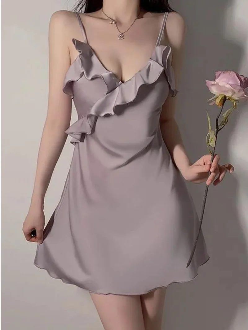 Summer Fashion Exotic Women's New Clothing Strap Thin Edition 2024 New V-neck Ruffle Solid Color Simple Silk Elegant Dress T15J