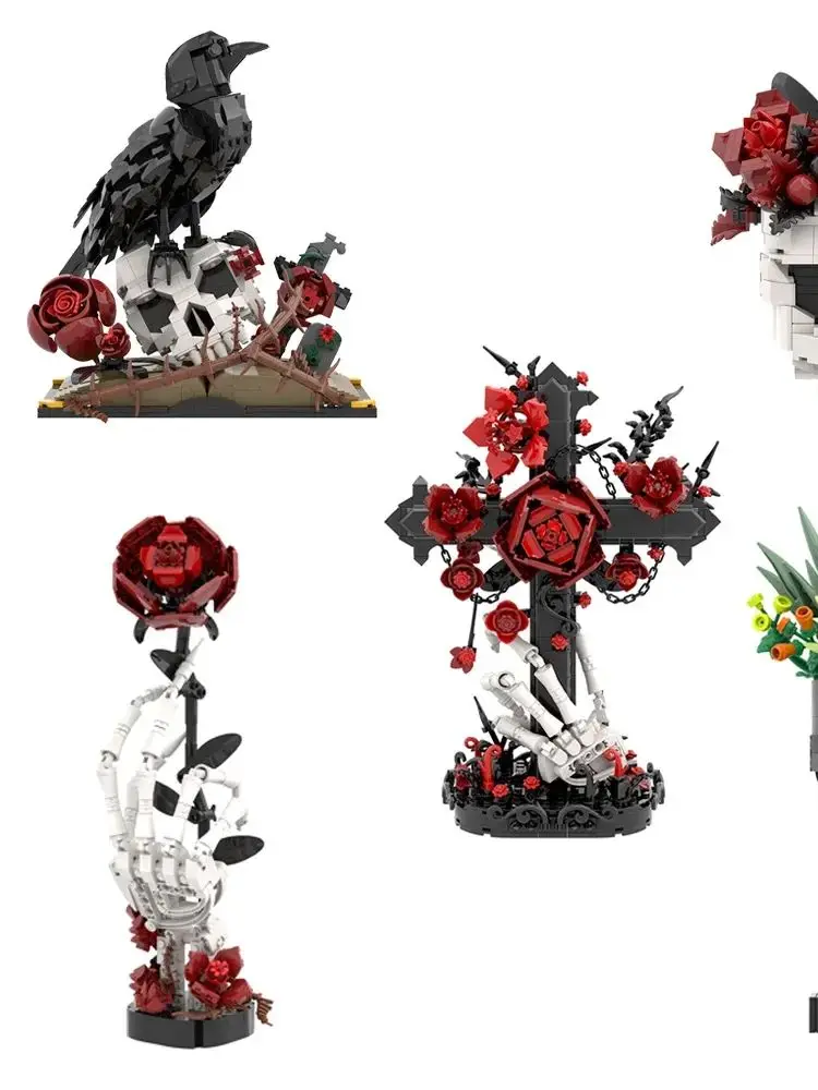 2026 Nieuwe MOC Schedel Rozen Bouquet Steentjes Model Gotische Kraai Schedel Bloemen Decoratie Bouwstenen Gotisch Kruis Assemblage Speelgoed Cadeau - afbeelding 2