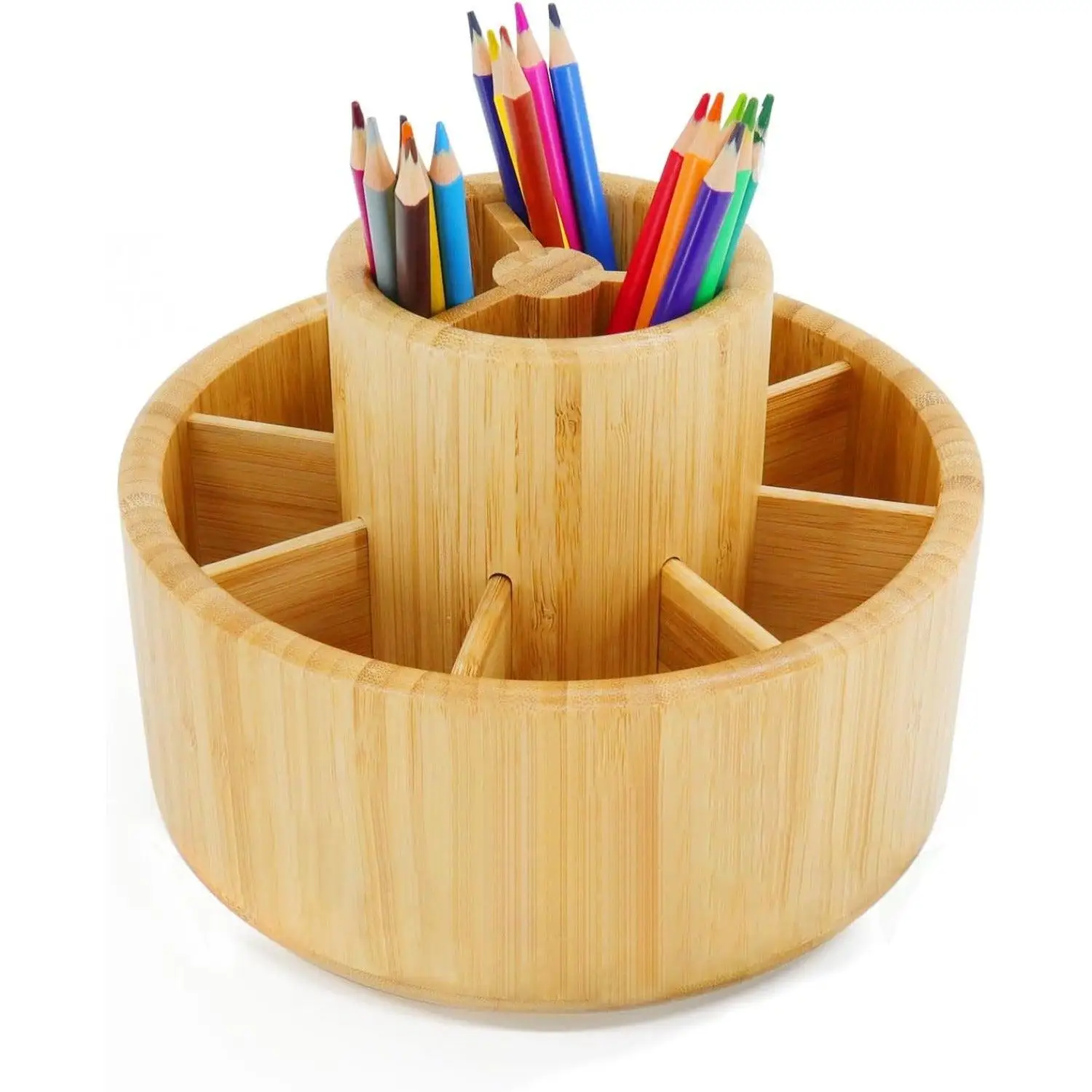 Bamboo rotating desk organizer with stationery