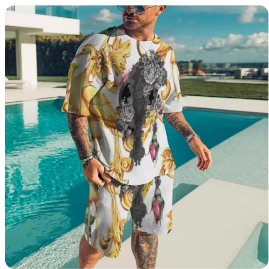 Summer New Men\'s T-shirt Set Baroque Style Gold Flower 3D Printed Tee Short Shorts Set Street Casual Vintage Tracksuit 2pcs Suit