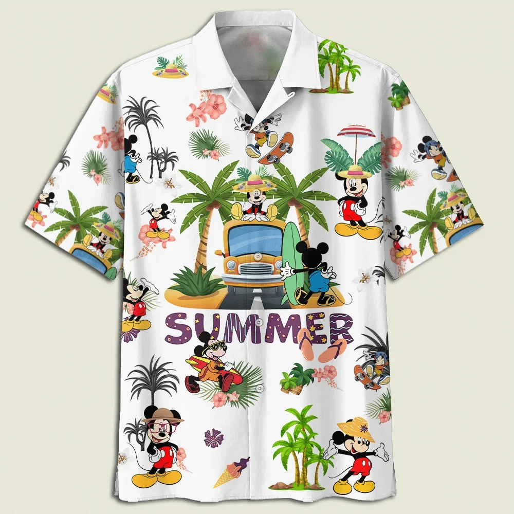 

2024 Mickey Tropical Floral Hawaiian Mens Women Summer Button Up Short Sleeve Shirts Disney Minnie Mouse Beach Hawaiian Shirts