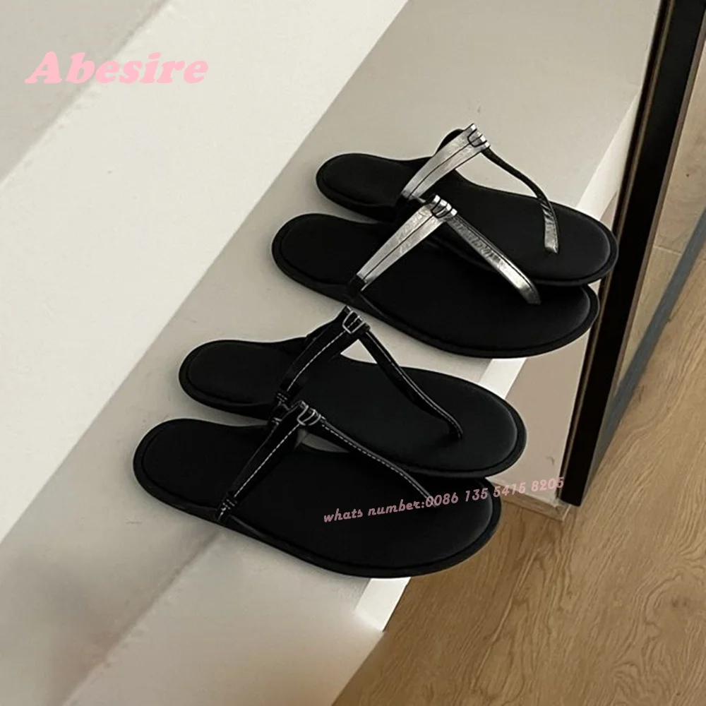 

Clip Toe T-Strap Slippers Flat with Silver Patchwork Low Heels Women's Slippers Slip On Flip Flops Summer 2024 New Casual Shoes