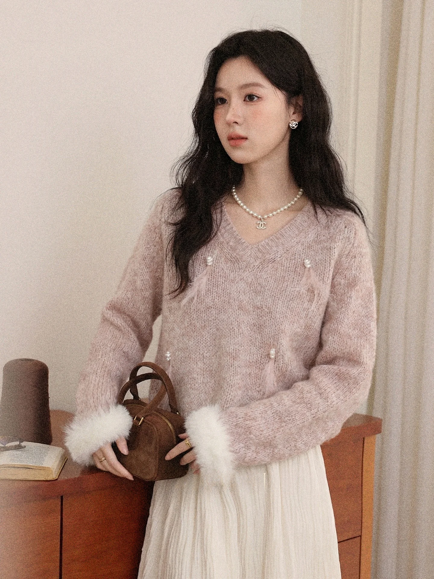 

Pink Knitted V-Ne Sweater Women's Autumn Winter New Sle Unique Beautiful Miu Series Loose Fit Long Sve Casual Knitwear