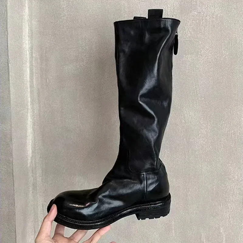 

Autumn and Winter New Vintage Washed Horsehide High Cylinder Slim Mid-length Boots Thick Heel Platform Knight Boots Woman