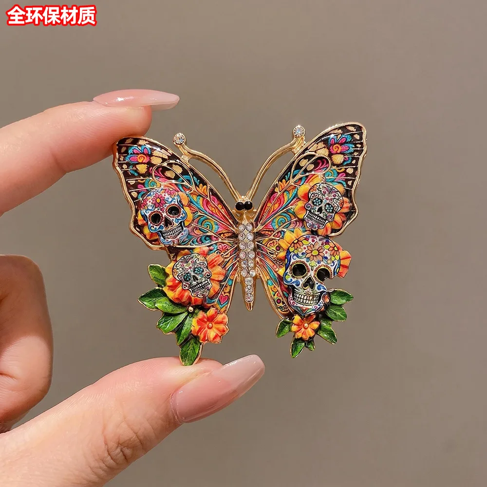 Vibrant Skull Butterfly Brooch Mexican Day Of The Dead Style Flower Colorful Enamel Insect Animal Lapel Pin Badge Jewelry Gift