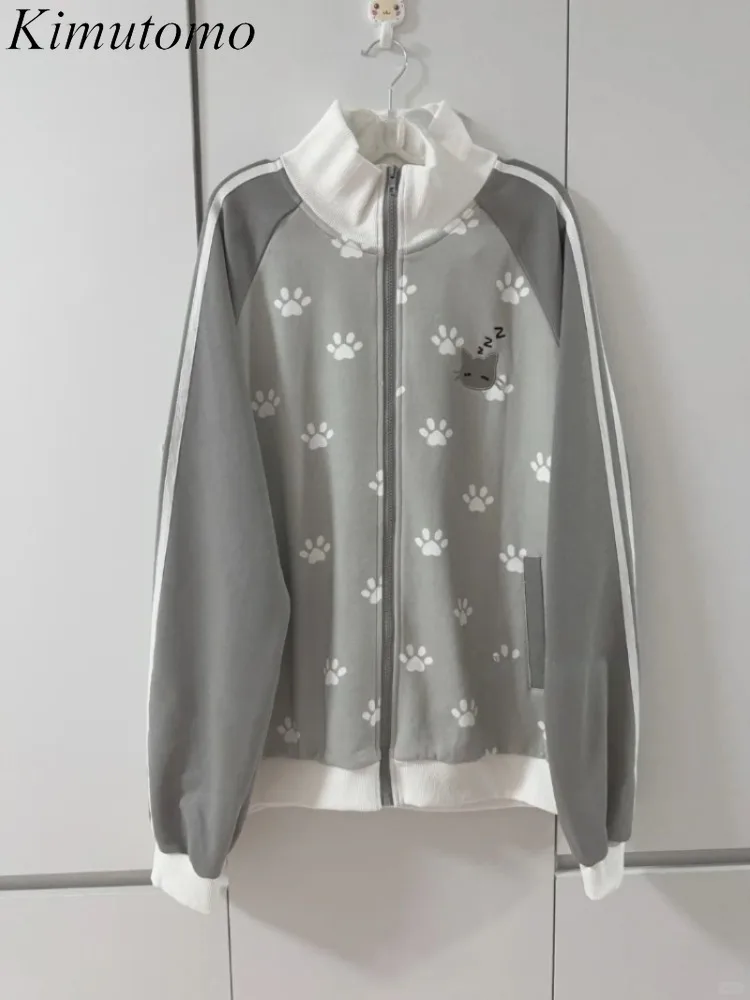 

Kimutomo Sweatshirts Women Cartoon Cat Stand Collar Patchwork Loose Outwear Jackets Vintage Funny Sweet Female Fashion