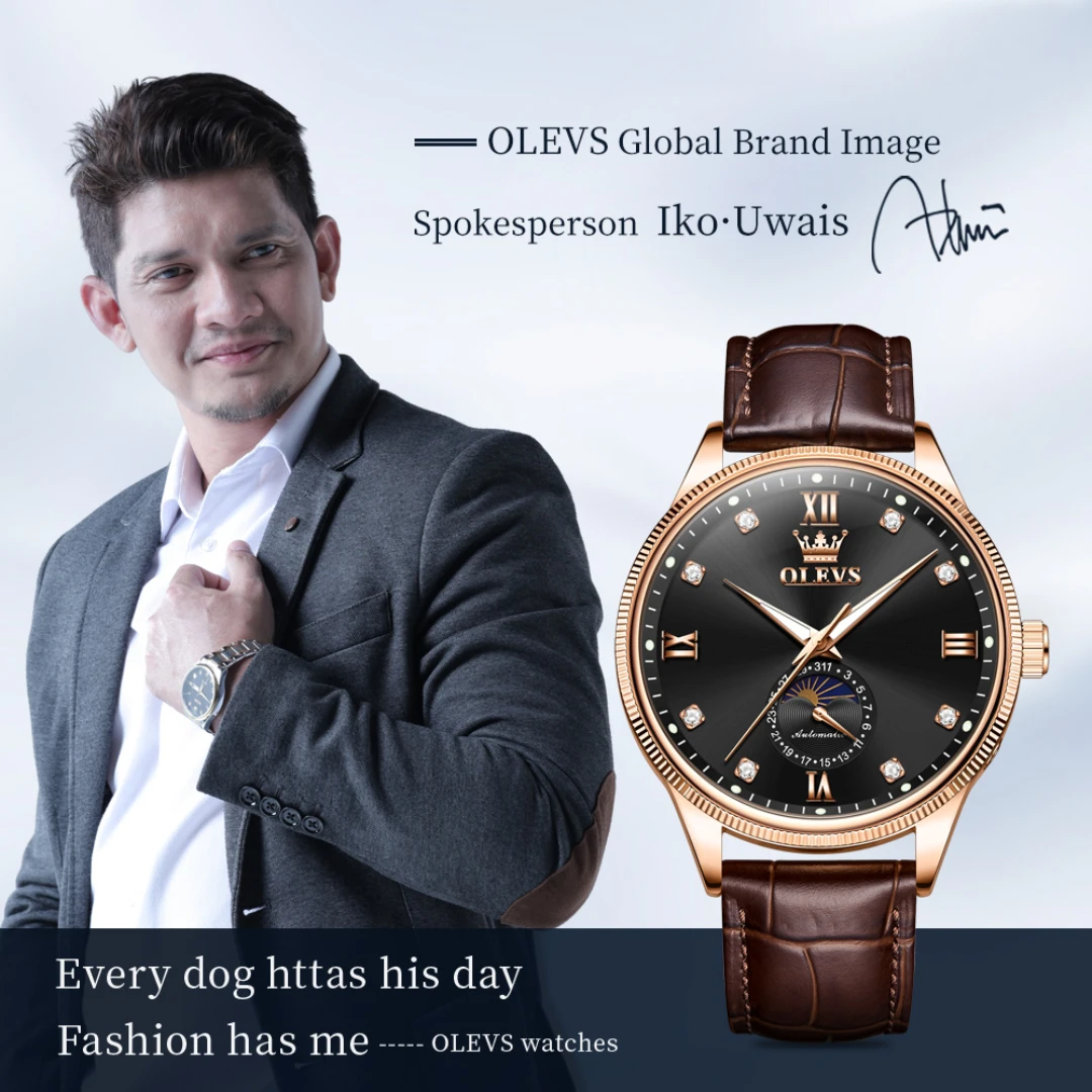 OLEVS 7039 ساعة ميكانيكية عصرية هدية دائرية الشكل من الجلد الطبيعي ساعة يد مضيئة