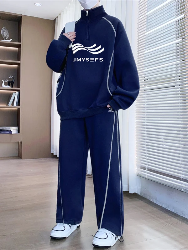 

Casual Sportswear f Zip Hoodie Set Men's Long Sve Stand Collar Trendy Two-Piece Autumn Outfit Cotton Polyester Blend