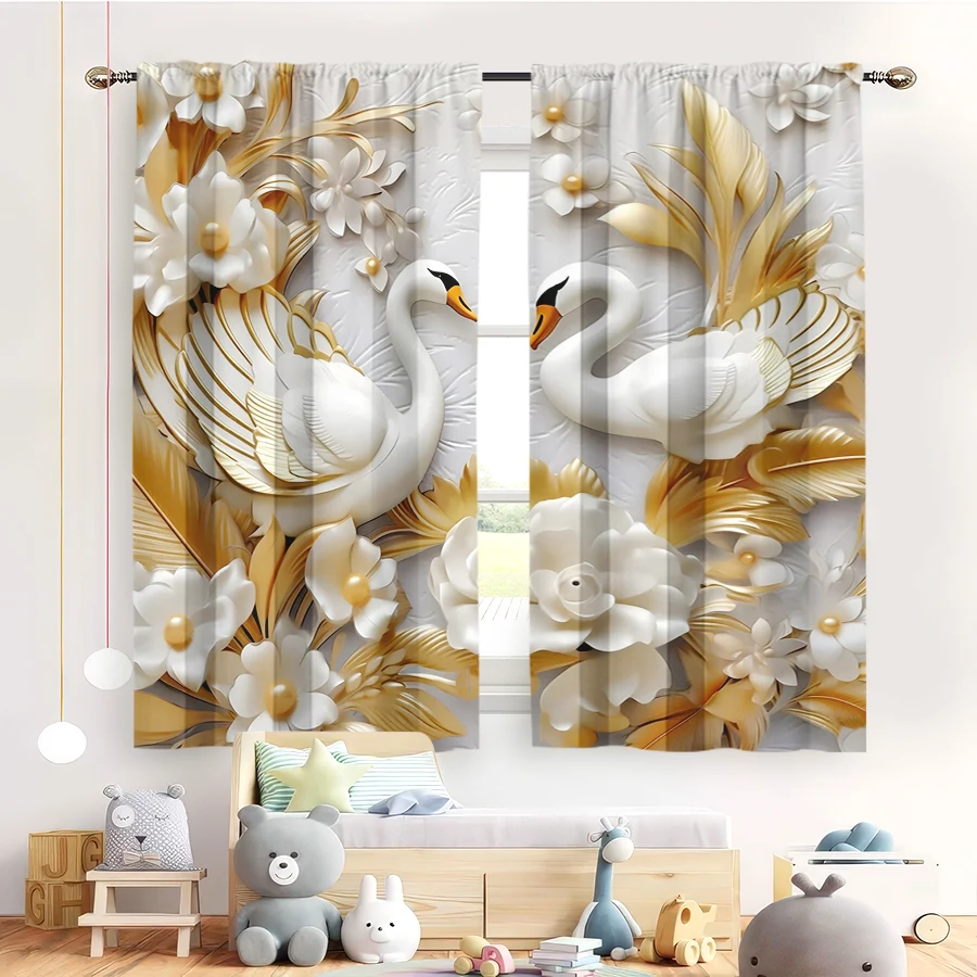 2PC Gold White Swan 3D Embossed Floral Sheer Curtains - Luxury Pearl Flower Print Window Drapes for Living Room Bedroom Decor