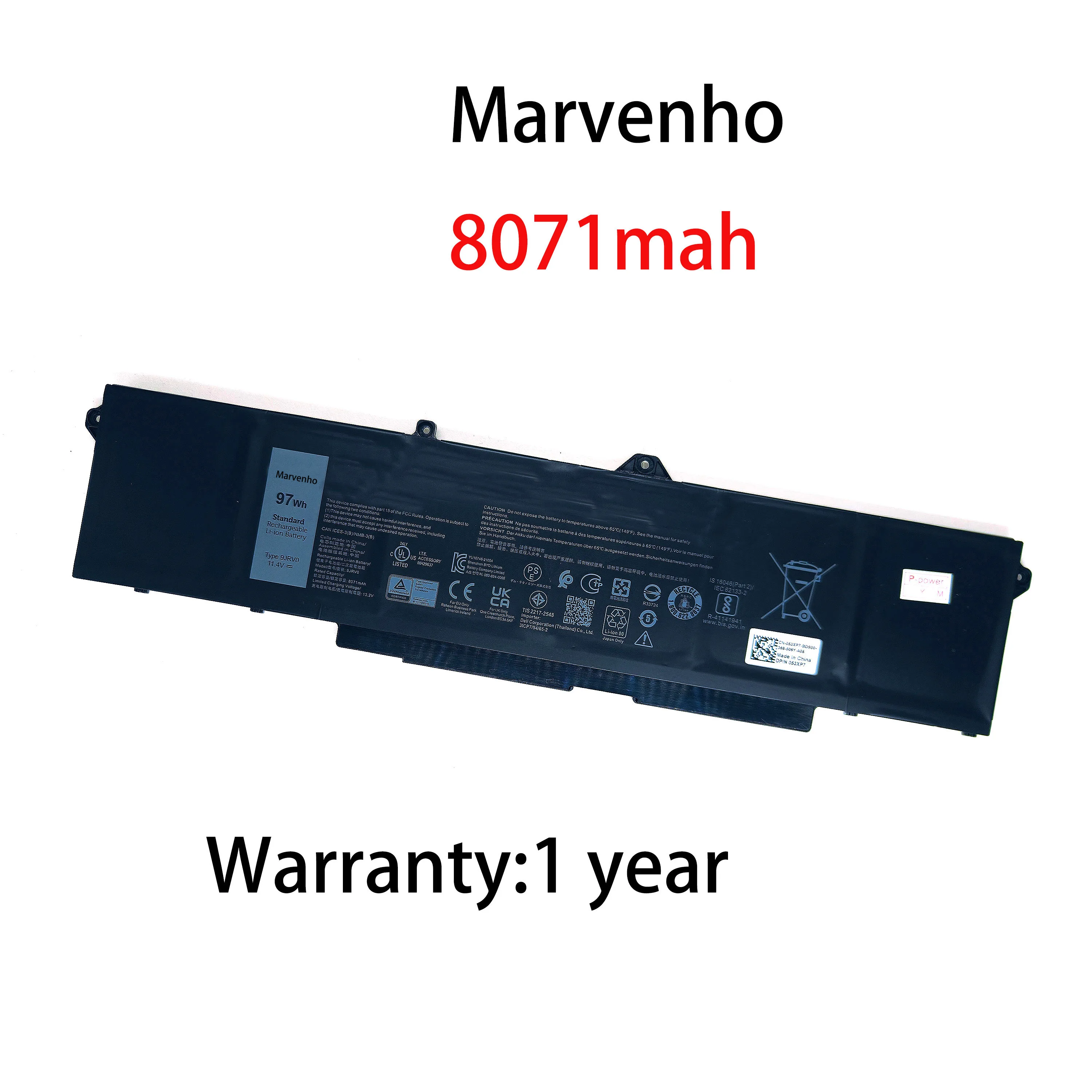 Marvenho New 11.4V 8071mAh 97WH 9JRV0  Replacement Laptop Battery for Dell Latitude 15 5521 Precision 15 3561 Alien ware m17 R5