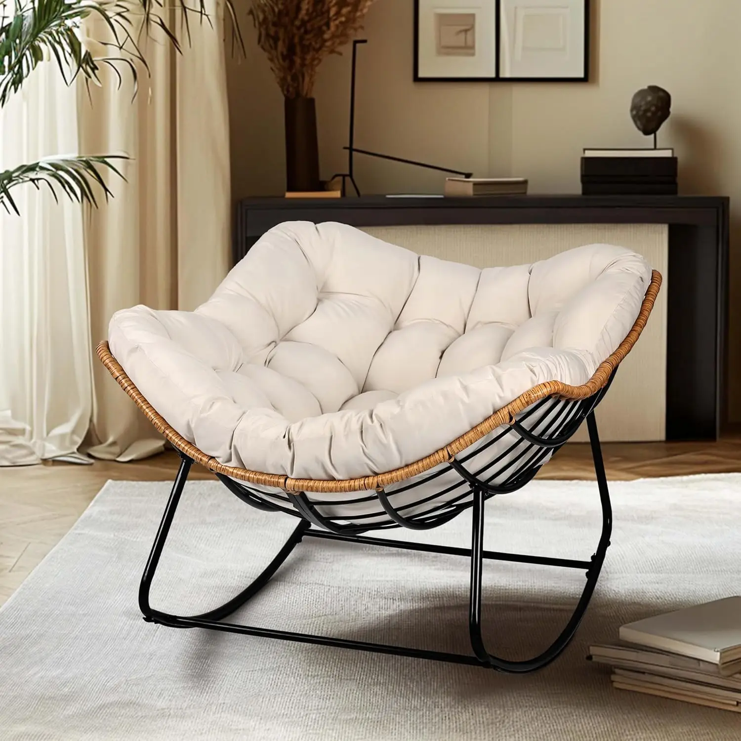 

Rocking Egg Chair, Outdoor Rocking Chair with Thick Cushion, Modern Indoor Outdoor Papasan Rocking Chair, Lounge Rocker