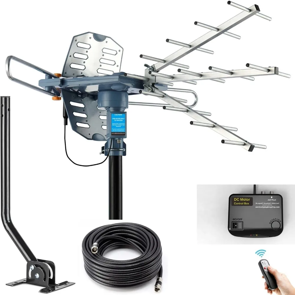 

Digital Outdoor TV Antenna 150 Miles Range Motorized 360 Degree Rotation with Remote Dual Tuner Support UHF VHF Mounting Pole