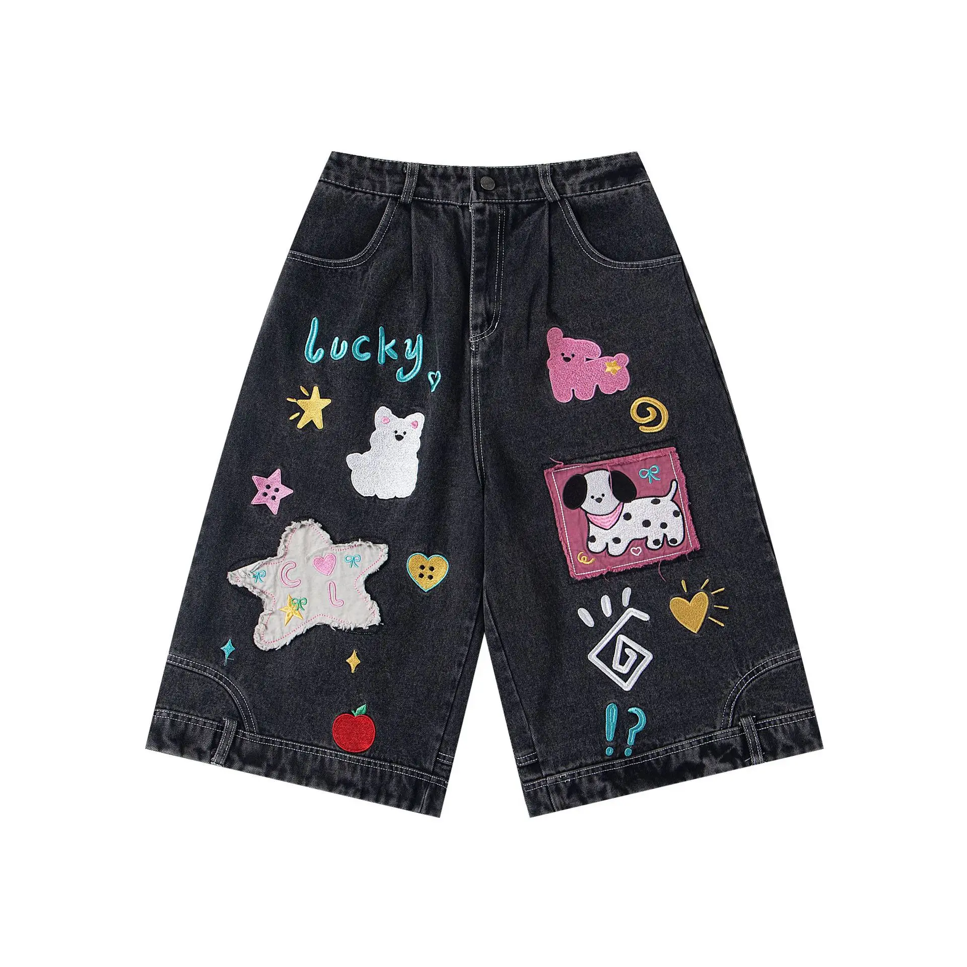 

Embroidery Cartoon Y2k Denim Shorts High Waist Streetwear Wide Leg Pant Button Oversize Harajuku Black Jean Shorts Women Clothes