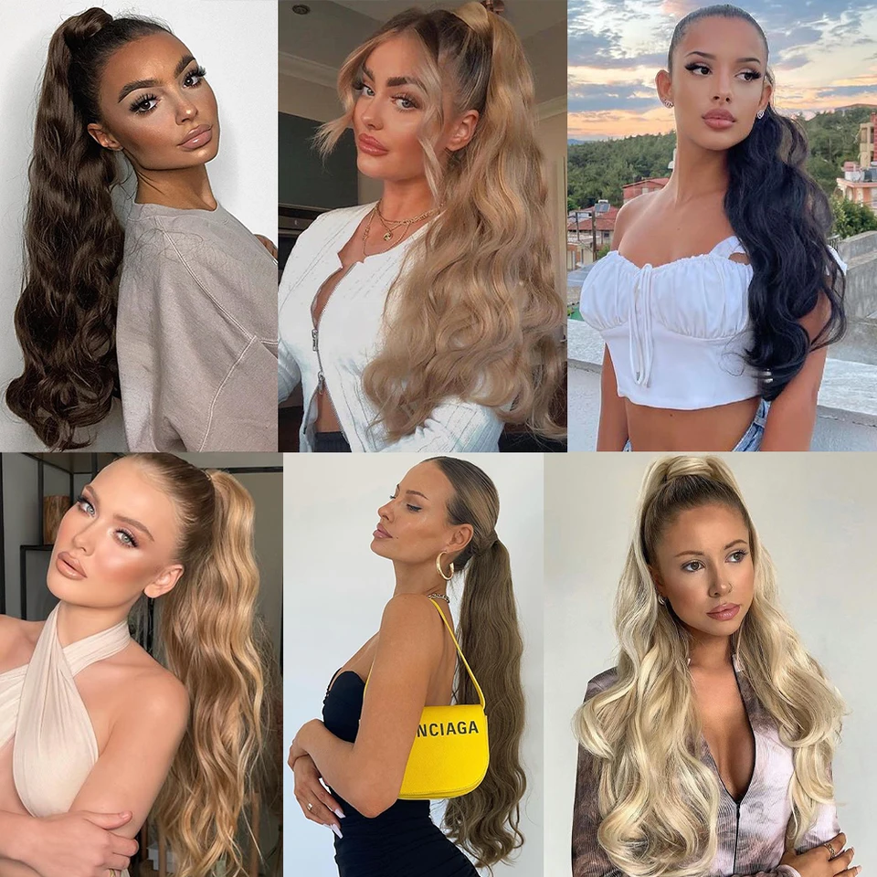 Extensión de cola de caballo sintética larga, onda Hollywood, cola de caballo envolvente, onda corporal con clip, rubia para mujer 2
