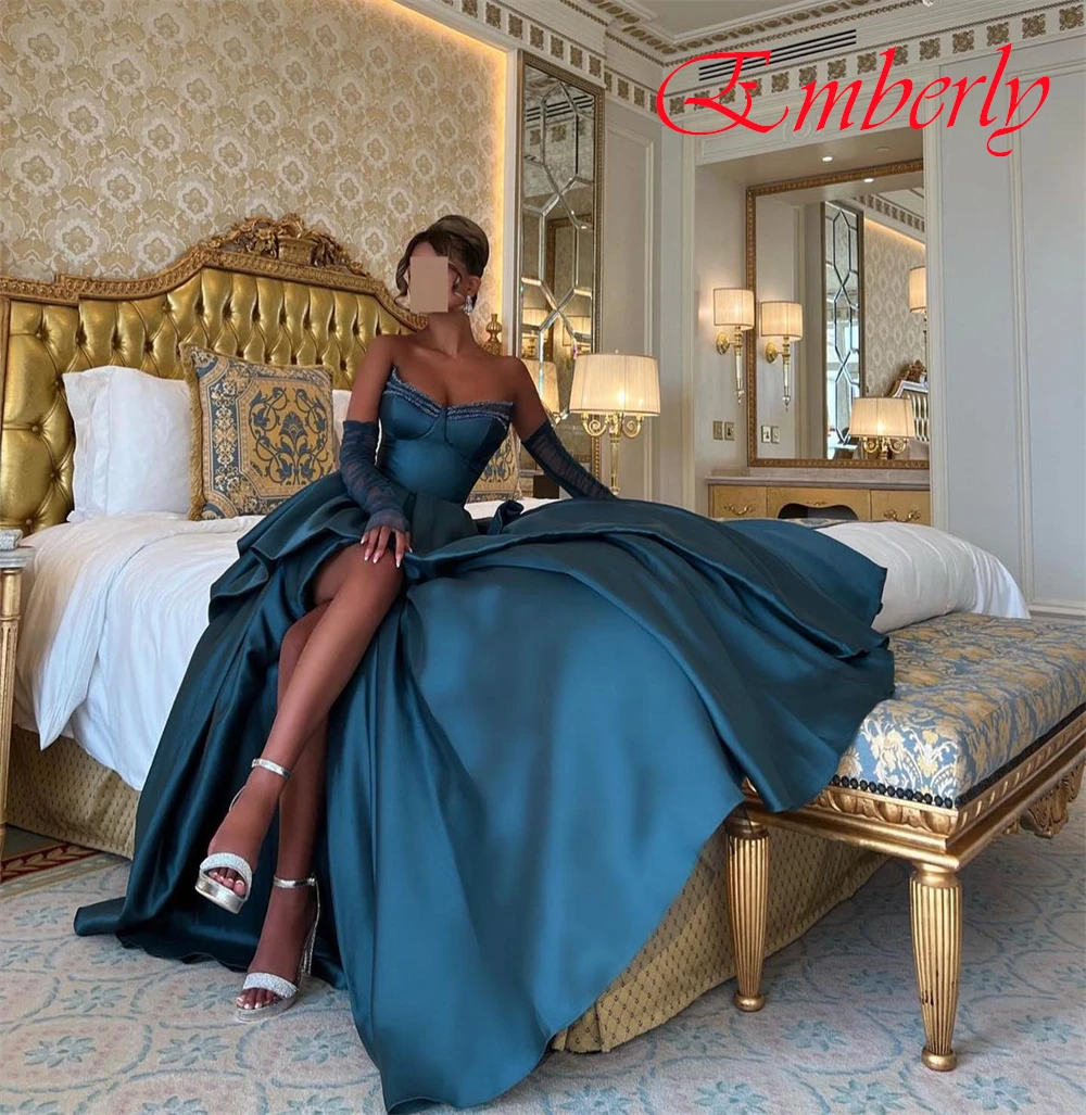 Customized Strapless Satin A-Line Sleeveless Evening Dress Delicate Crystal Party Dresses Sparkly Special Occasion Gowns