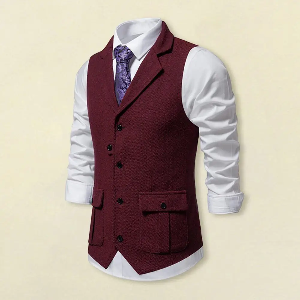 

Men Suit Vest Lapel Sleeveless Single Breasted Slim Fit Waistcoat With Flap Pockets Solid Color Formal Business Vest Coat