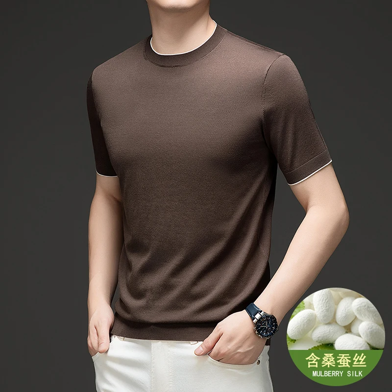 

High Brand Mulberry Silk Knit Tees Men's Summer Classic Solid Lyocell Cotton Knitwear Short Sleeve Elastic Breathable Tee Shirts