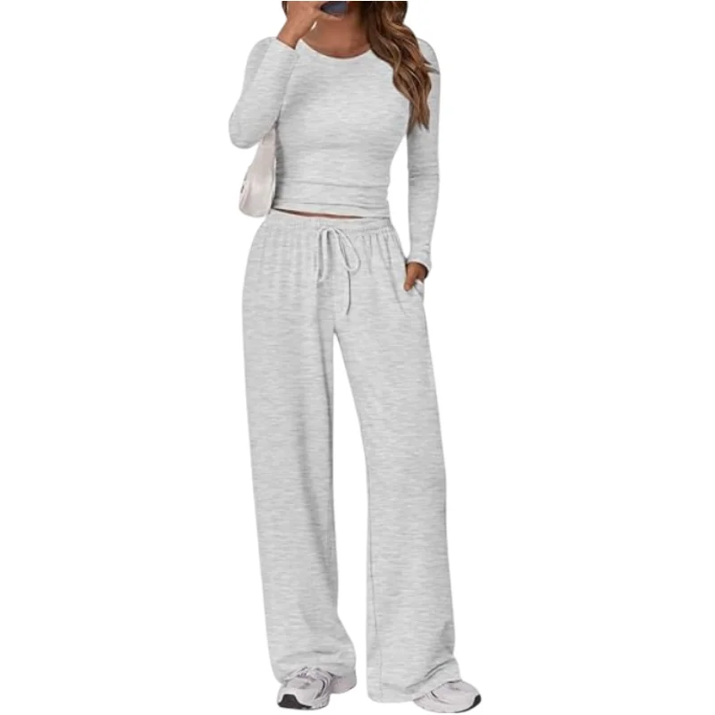 

Women's 2 Piece Matching Lounge Set Long Sleeve Crease Slightly Crop Top Waist Elastic Band Wide Leg Pants Casual Sweatsuit
