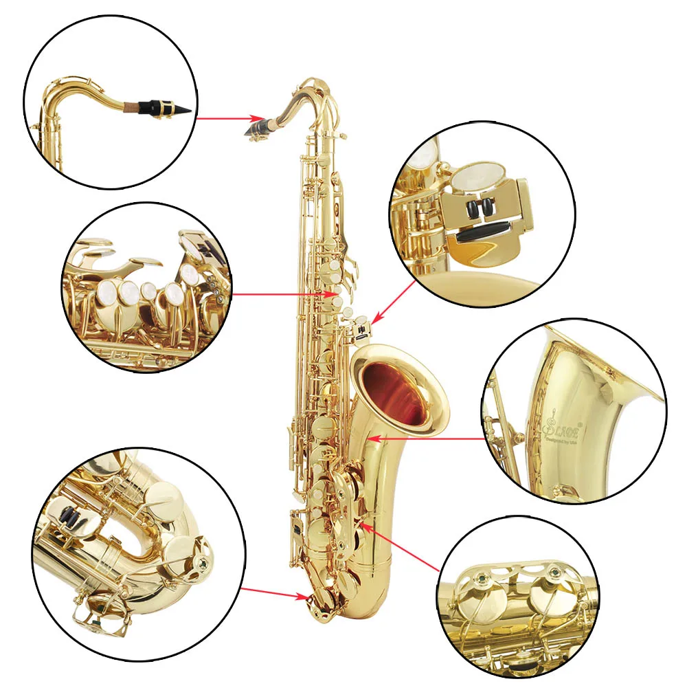 SLADE Bb Tenor Saxophone Gold Silver Professional Brass Saxophone Body Tenor Sax with Case Stand Cleaning Cloth Accessories