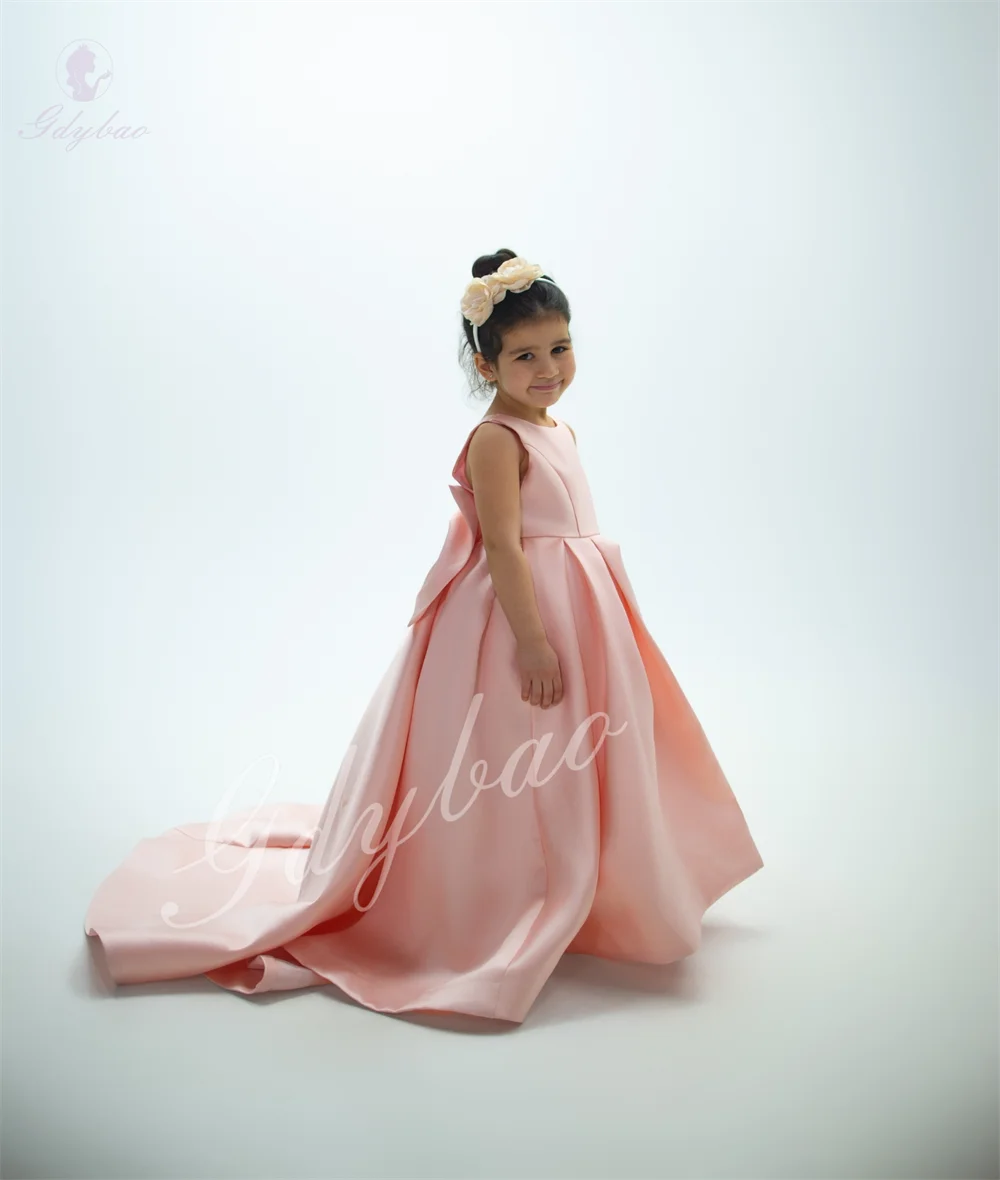 Pink Satin Girl's Fluffy Sleeveless Bow Dress For Wedding Birthday Pageant Piano Performance Children's Host Outfit