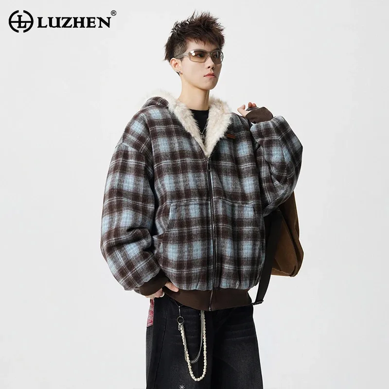 

LUZHEN 2025 Winter New Original Reversible Design Plaid Printed Fur Hooded Coat Men's Elegant Thickened Warm Parka Jacket JY5098