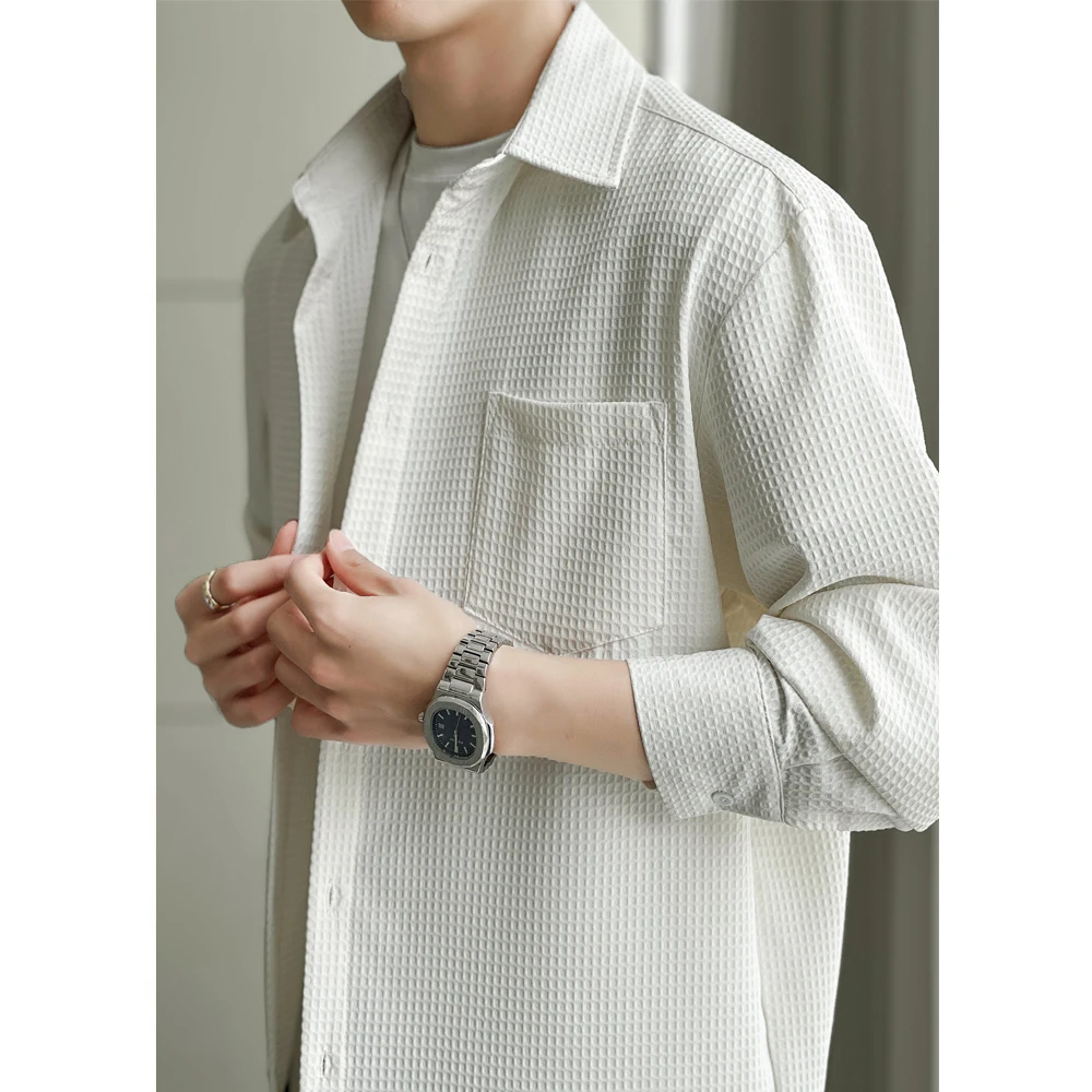 Elegant Casual Long Sleeve Men's Shirt Thin Lightweight Spring Autumn Outerwear White Gauze Patterned Loose Fit Shirt