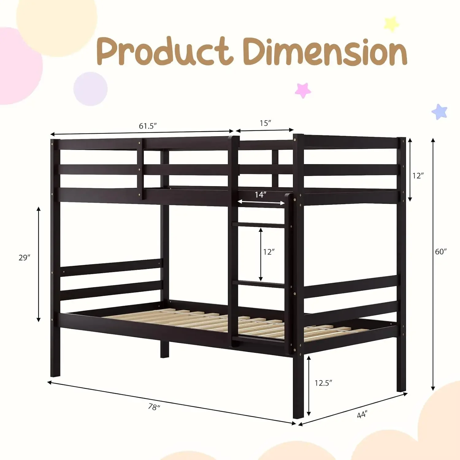 Wood Bunk Bed Twin Over Twin, Bunk Bed with Ladder & Safety Guardrail, Solid Wood Bed Frame, Ideal for Dormitory