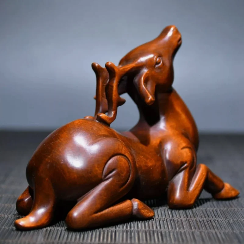 Chinese Natural Boxwood Carved Deer Statues Woodwork Figurines Decor Art Gifts