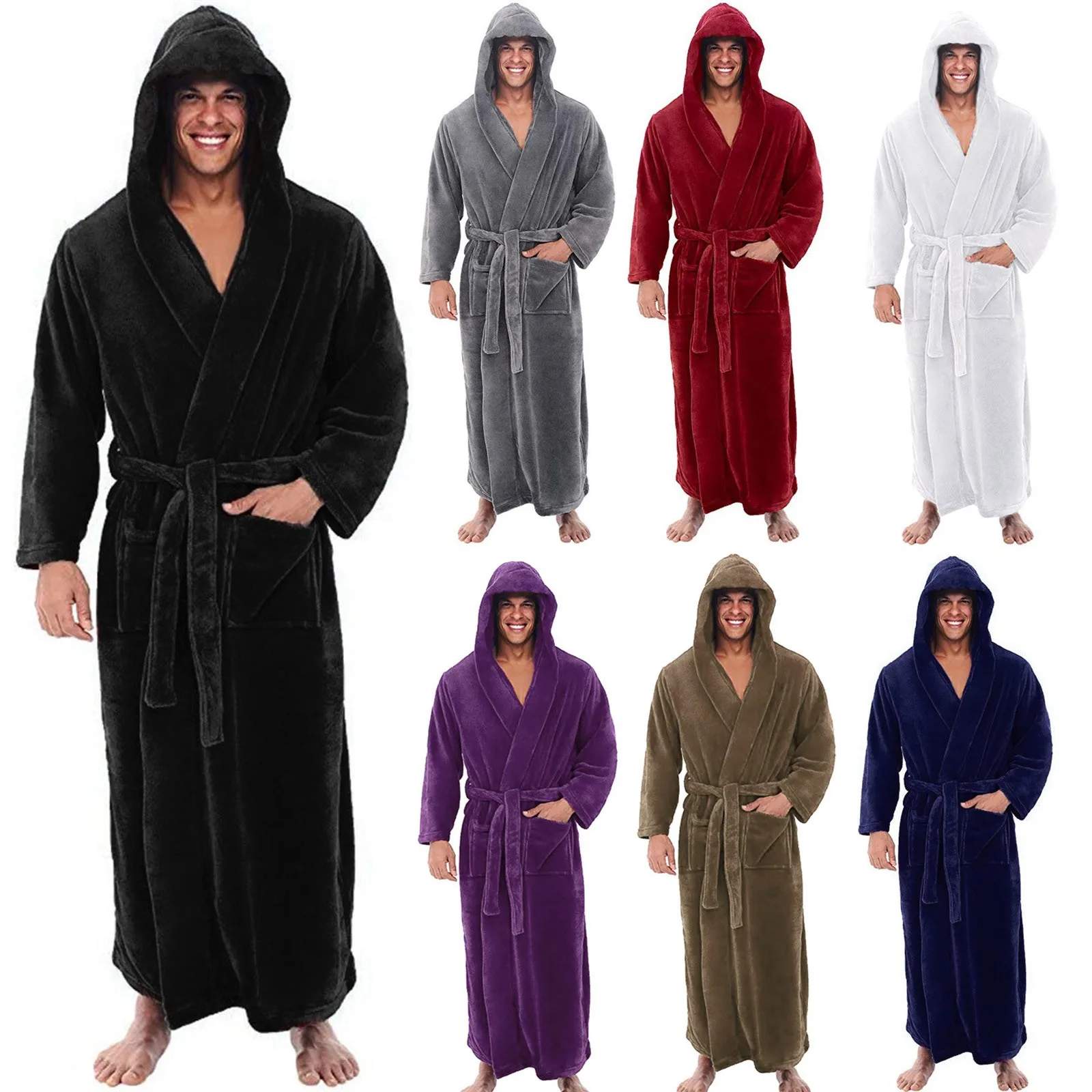 

Men's Autumn Winter Plush Solid Color Hooded Long Shawl Bathrobe Home Soft and Comfy Casual Clothes Long Sleeved Robe Coat