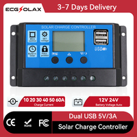 ECGSOLAX PWM Solar Charge Controller 60A 50A 40A 30A 20A 10A Solar Regulator 12V 24V Auto LCD Display Dual USB 5V Output