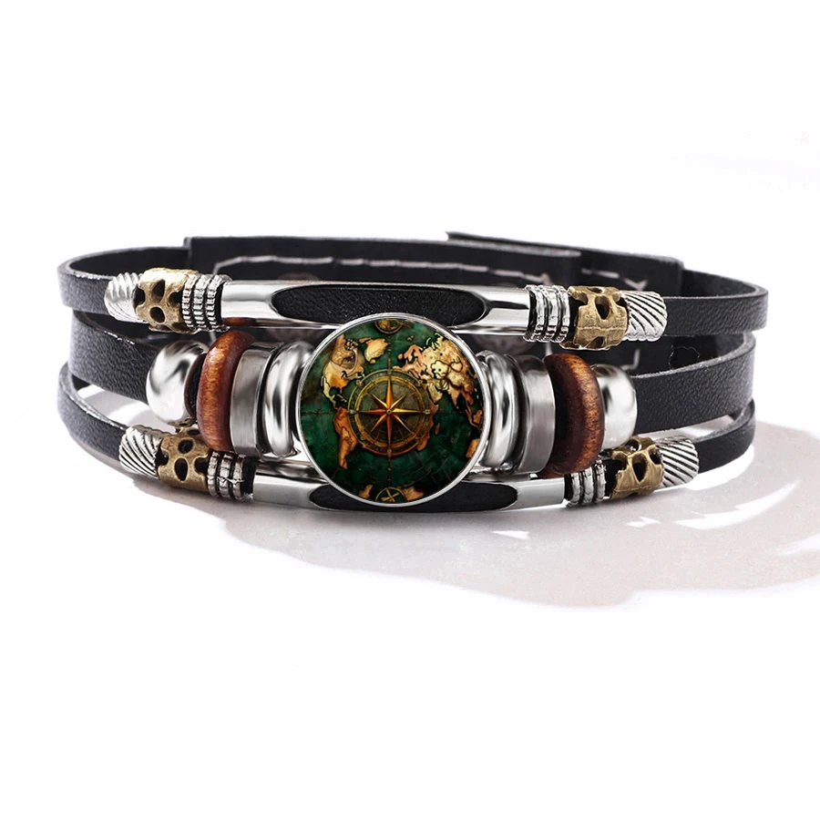 Unique Navigation Compass World Map Printed Glass Alloy Bracelet Charm,Ideal Gift For Travelers And Outdoor Enthusiasts