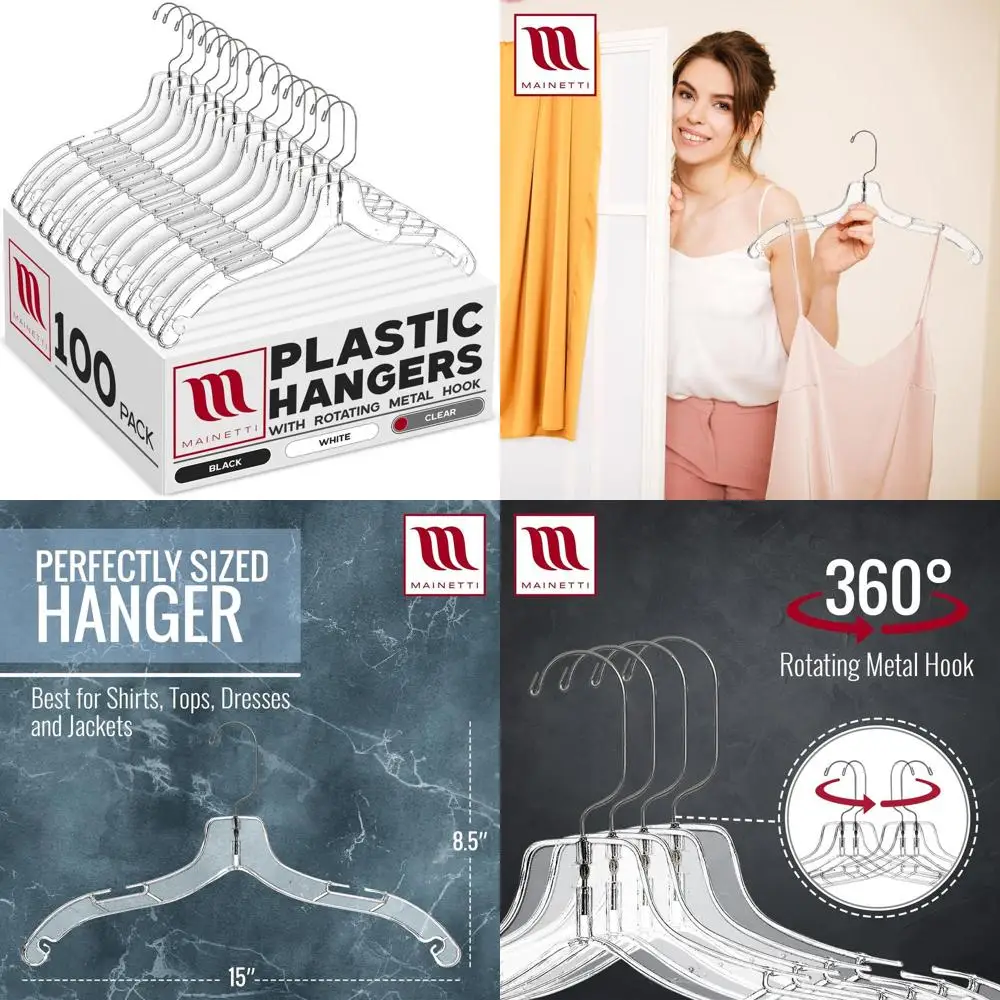 

100 Pack Clear Plastic Hangers with 360° Swivel Metal Hook, Notches for Straps, Ideal for Shirts, Tops, Dresses, Jackets, 17
