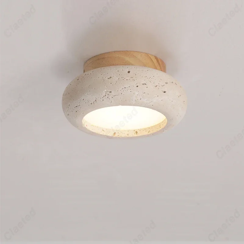 Yellow Travertine LED Ceiling Lamp Living Room Bedroom Kitchen Wood Canopy Wabi Sabi Flush Mounted Ceiling Lights Lamparas