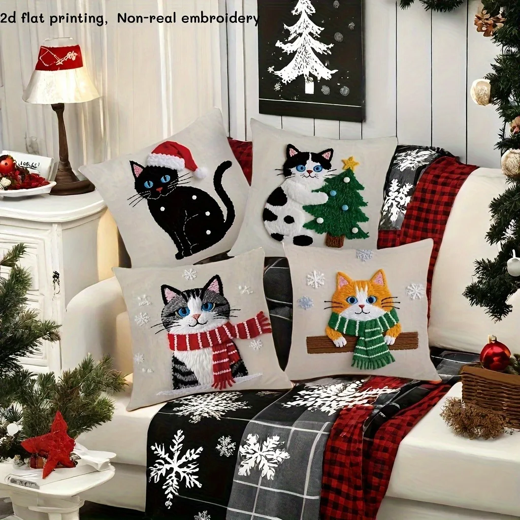 Christmas cute cat pillowcase: Meow star New Year home decoration wearing a hat, holding a tree, and scarf 2d flat printing