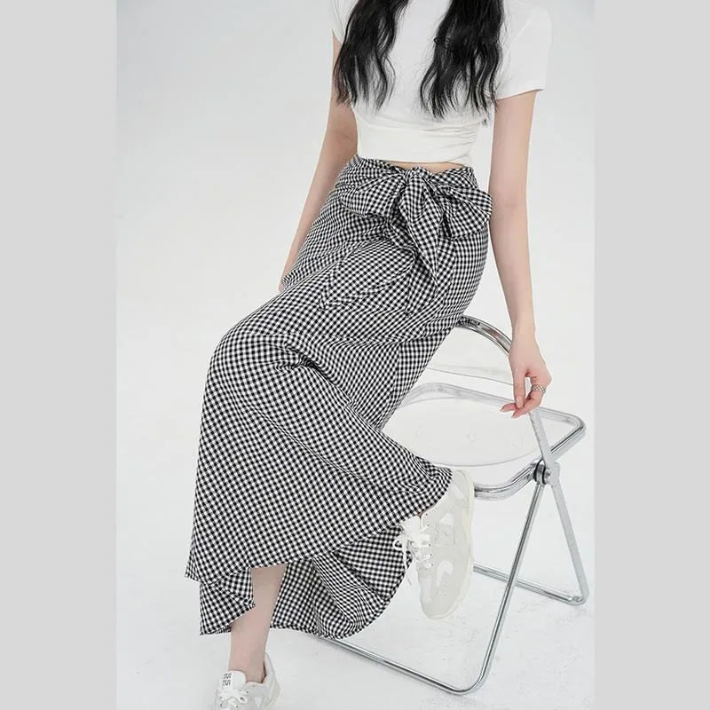 Plaid Skirt Children's Summer Niche Straps Bow Classic Black and White Plaid Skirt Long Hanging Feeling