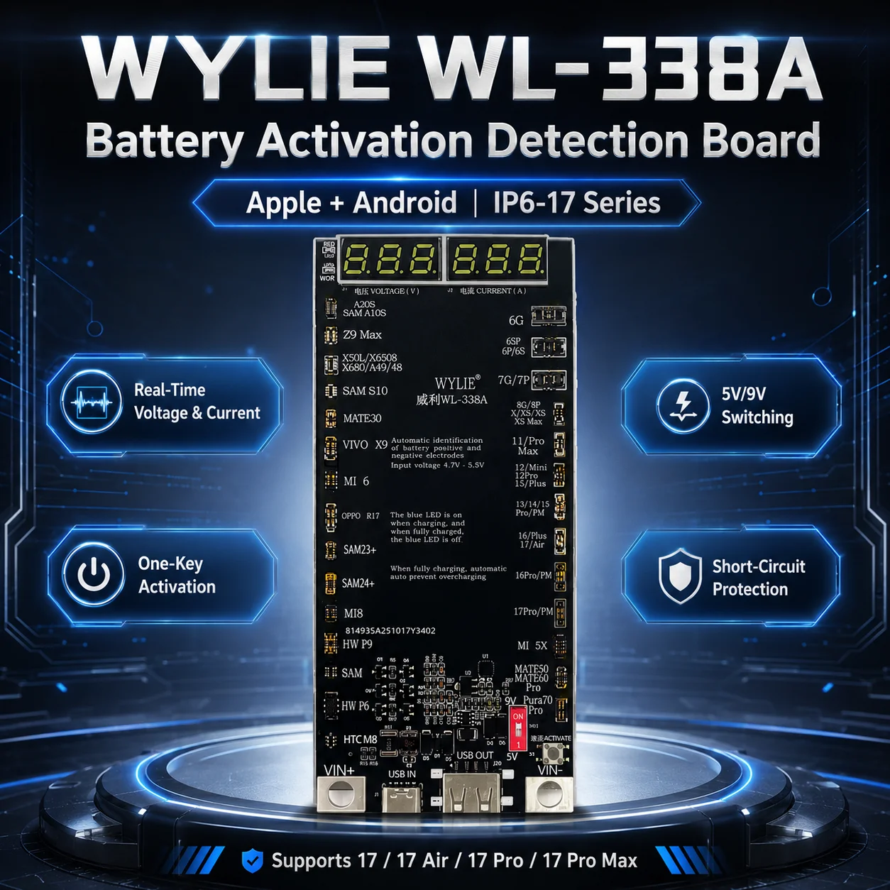 

WYLIE WL-338A Battery Activation Detection Board 5V 9V Real-Time Voltage Current Monitor for iPhone Android Repair