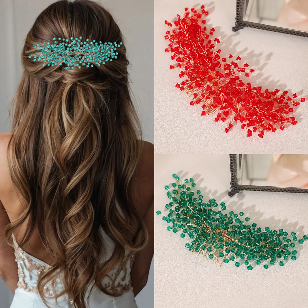 

Свадебные аксессуары для волос, красные зеленые бусины ручной работы, заколки для волос для женщин, хрустальные гребни для волос, модные украшения на голову