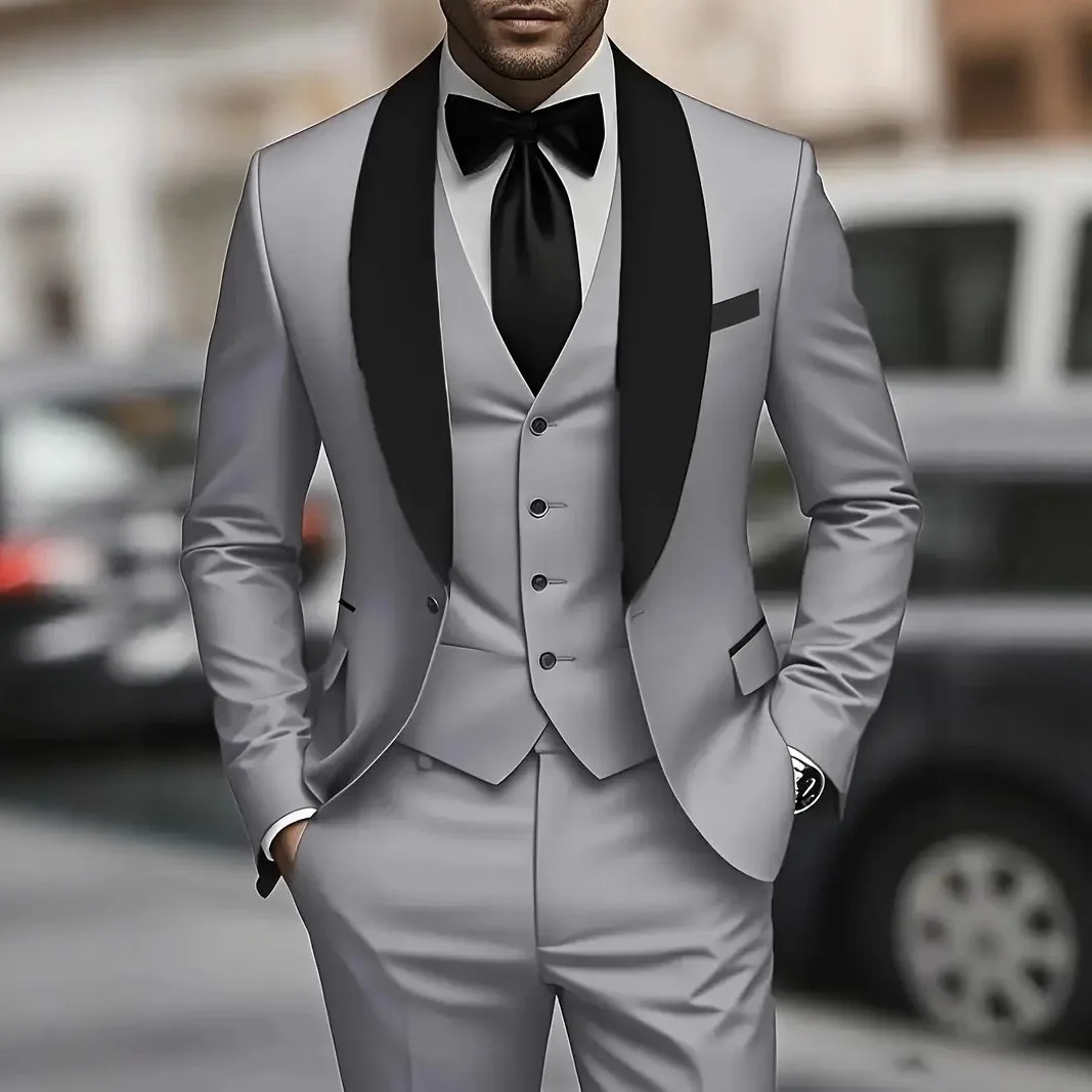Male Blazer Suits Three Pieces Straight Trousers Single Breasted Suits Vest Blazers Spliced Patchwork Party Slim Pockets