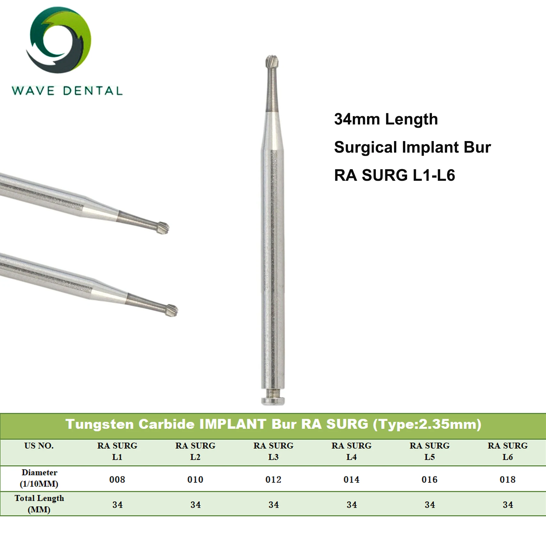 

Wave Dental Implant Bur Tungsten Carbide Dentistry Drill Round Ball Head 34mm Surgical RA SURG L1-L6 For Dental Implant System