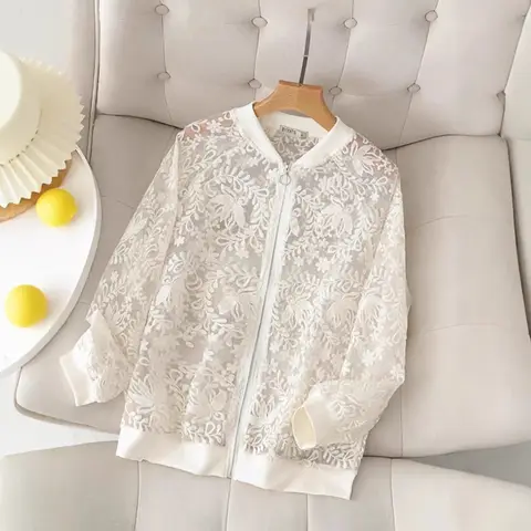 New Cross-Border Women's Spring Summer Thin Jacket Amazon Explosion Style Embroidery Lace Stand Collar Top Hollow Out