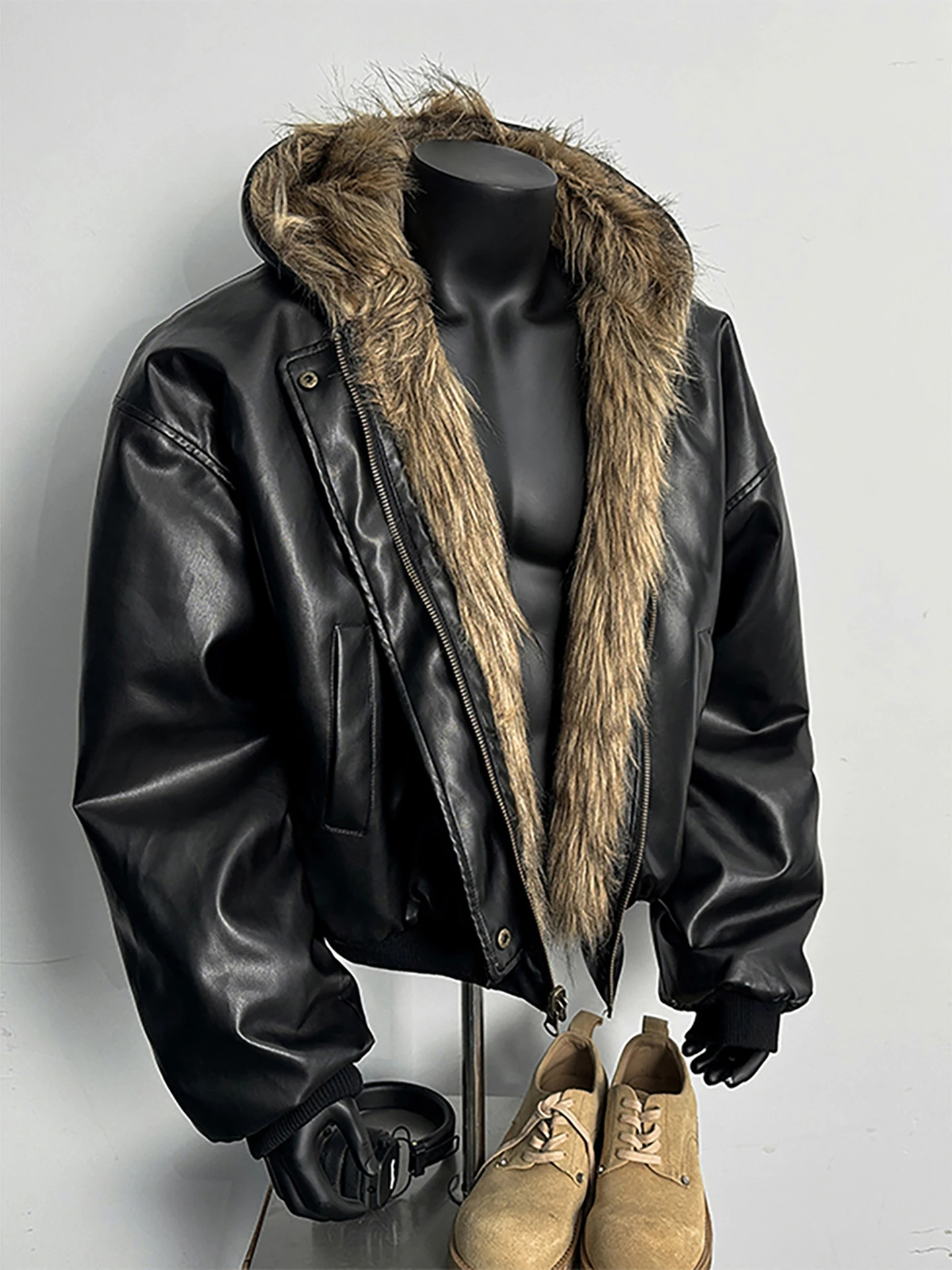 2025 New Reversible Shearling Shearling Coat Men's Winter Short American Fashion Trend Zipper Hooded Jacket Top