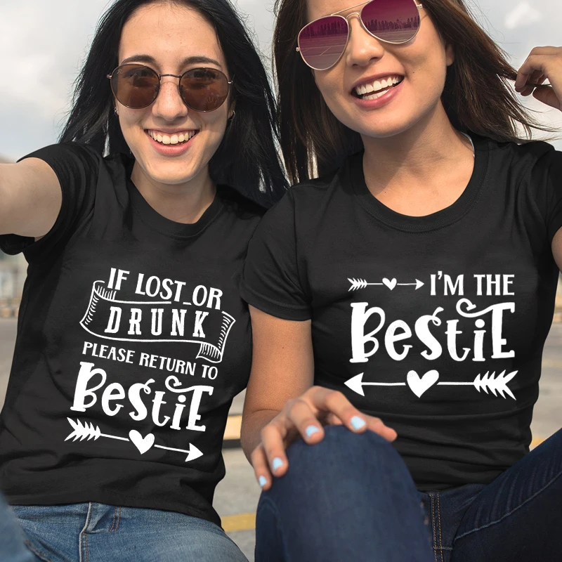 Fashion Bestie Matching Party Women T-shirts Girls Weekend Drinking Party Tops If Lost or Drunk Please Return To Best Friends